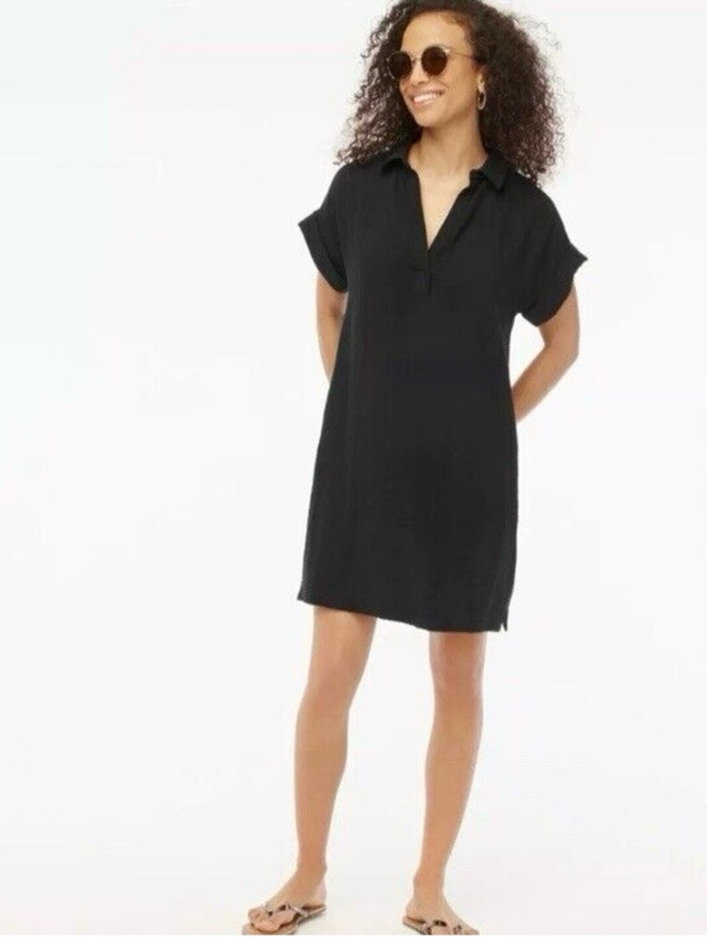 New J. Crew Factory Short-Sleeve Gauze Popover Dress Black Vacation Beach XL - Picture 5 of 16